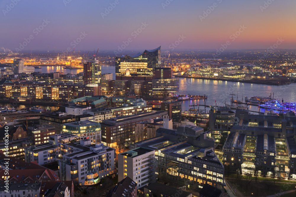 View over HafenCity and Elbphilharmonie at sunset, Hamburg, Hanseatic City, Germany View over HafenCity and Elbphilharmonie at sunset, Hamburg, Hanseatic City, Germany