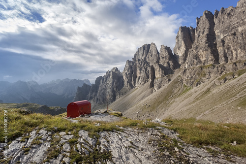 Europe, Italy, Friuli Pordenone. The bivouac Granzotto - Marchi in Val Monfalcon Forni towards the Croda Ultima del Leone, the White fork and the homonymous peak on his left.