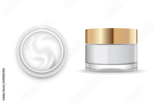 Cream jar package design, frond and top view, realistic design, vector illustration, package template