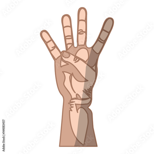 silhouette with skin color hand with shadows and four fingers symbol vector illustration