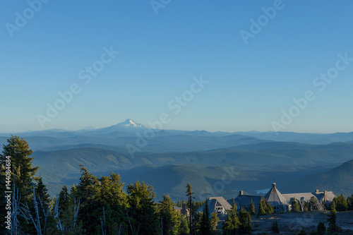 Timberline Lodge hotel and Mount Jefferson seen from Mount Hood, part of the Cascade Range Northwest region, Oregon