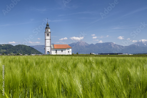 Europe, Slovenia, Upper Carniola, Kranj. The Church of Saint Ursula in the middle of the fields of Sorsko Polje, just outside of the village of Srednje Bitnje photo