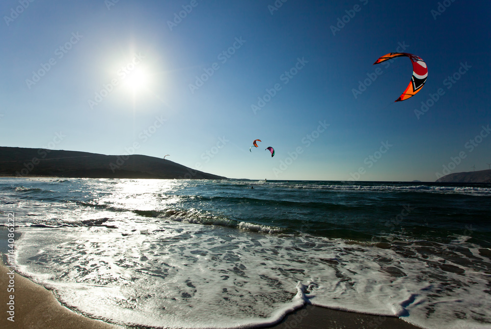Kitesurfing in the Prasonisi. Rhodes. Greece