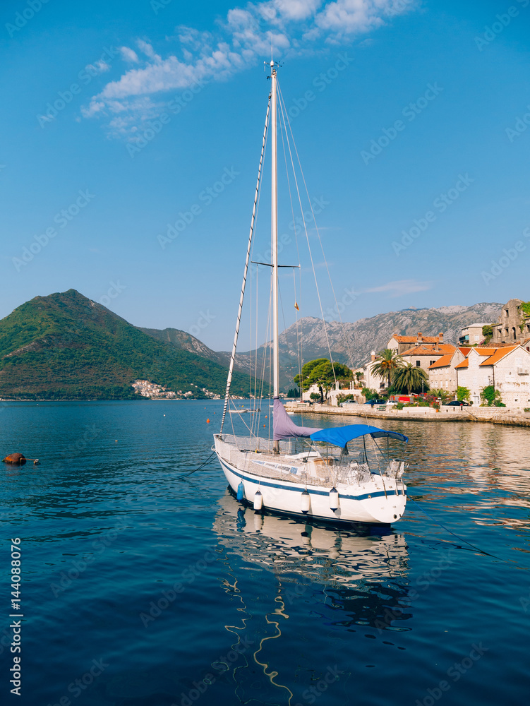 Sailboat in the ancient town of Perast in Bay of Kotor, Montenegro