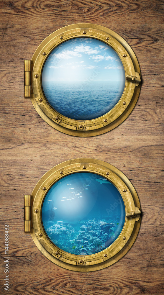 Two vertical ship windows with ocean surface and underwater Two vertical ship windows with ocean surface and underwater