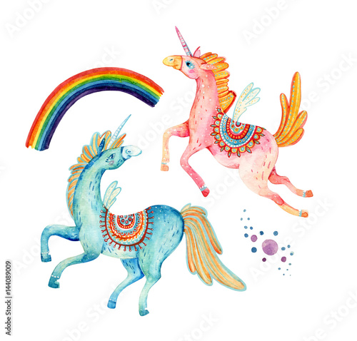 Watercolor pair of flying unicorns isolated on white background.