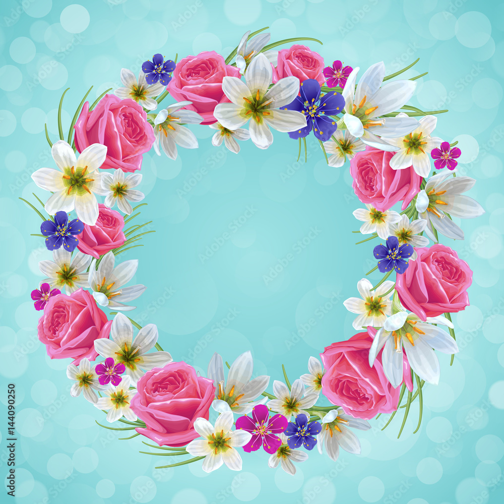 Beautiful floral wreath. Template for greeting card, wedding invitations, spring and summer sale.