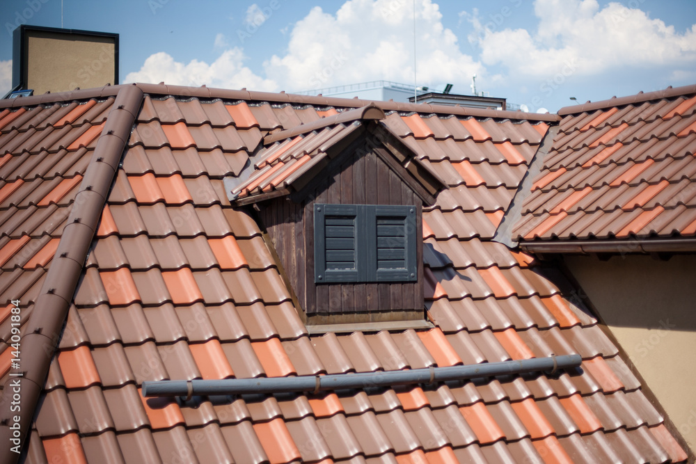 Detail of overlapping roofing tiles on a new build