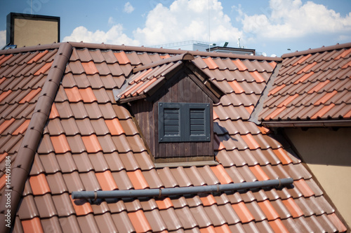 Detail of overlapping roofing tiles on a new build