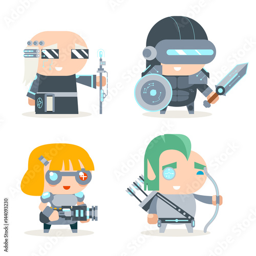 Sci-fi Fantasy Techno Knight Cybernetic Technomage Programmer Engineer RPG Game Character Vector Icons Set Vector Illustration