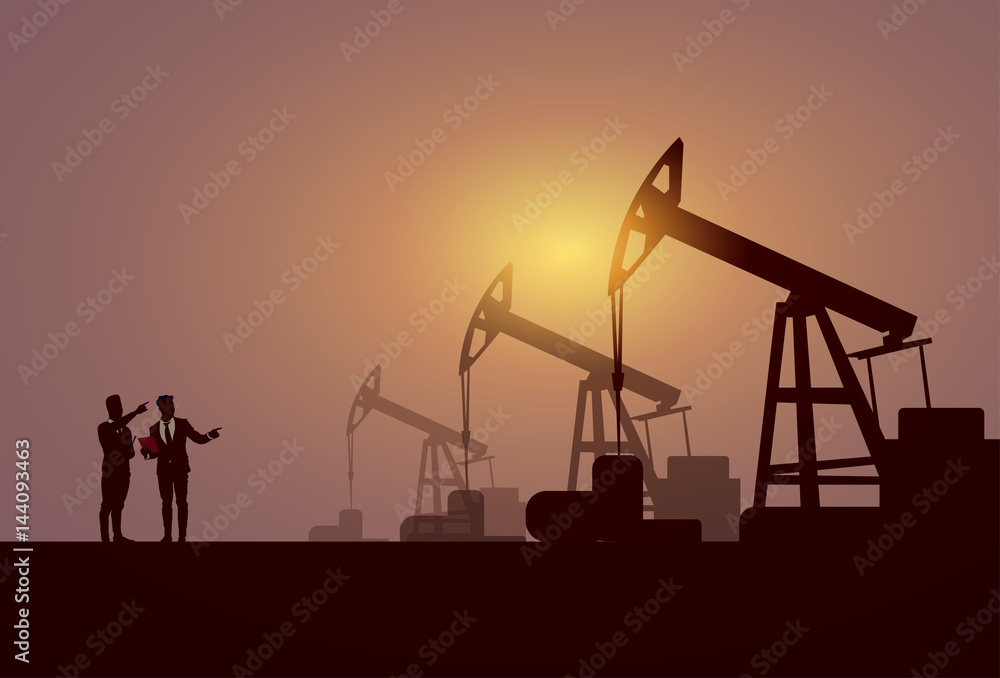 Business People Group Pumpjack Oil Rig Crane Platform Banner Flat Vector Illustration Business People Group Pumpjack Oil Rig Crane Platform Banner Flat Vector Illustration