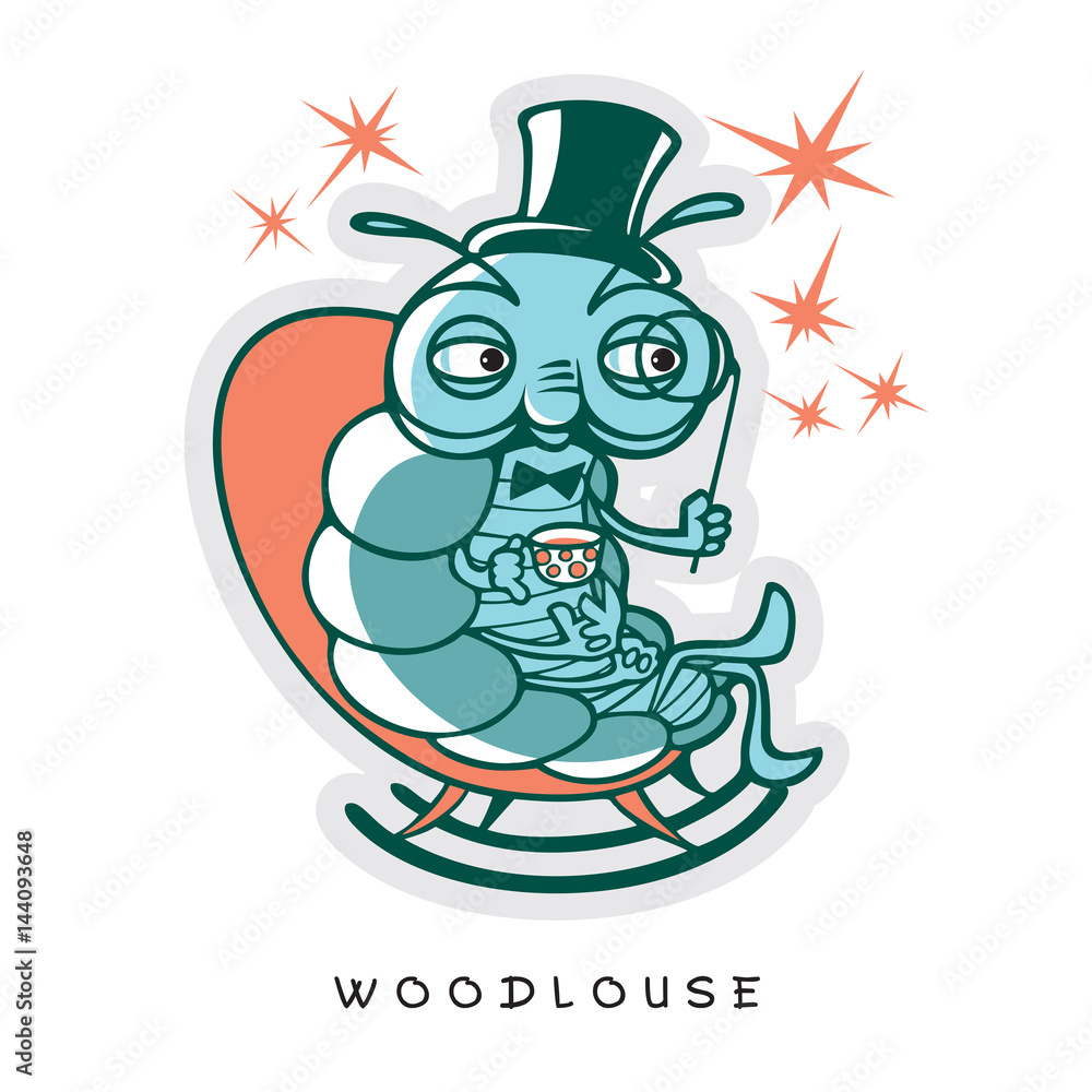 One noble wood louse sit in rocking chair with a hat, a monocle, a cup of tea and a few stars. Vector illustration of funny insect in a cartoon style. One noble wood louse sit in rocking chair with a hat, a monocle, a cup of tea and a few stars. Vector illustration of funny insect in a cartoon style.
