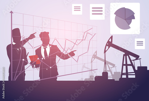 Business People Study Pumpjack Oil Rig Sucess Graphic Crane Platform Banner Flat Vector Illustration