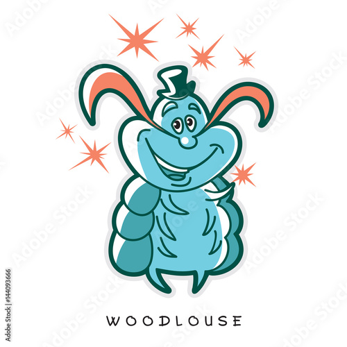 One wood louse stands with a hat, a mustache and several stars. Vector illustration of funny insects in cartoon style.