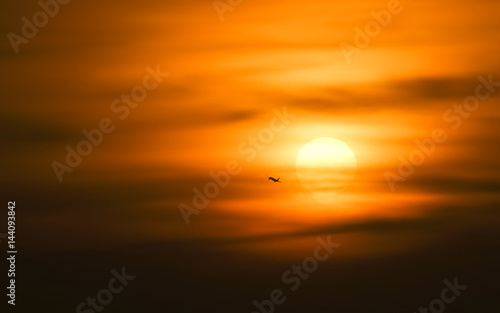 wild shot of silhouette Airplane with sunset in background © morkdam