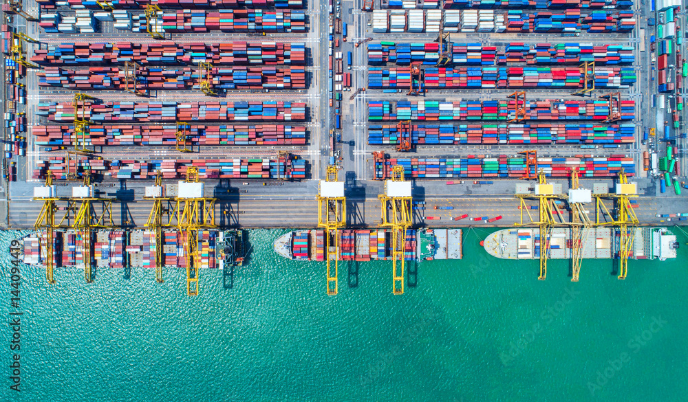 container ship in import export and business logistic.By crane ,Trade Port , Shipping, cargo to harbor, Aerial view, Top view. - obrazy, fototapety, plakaty 