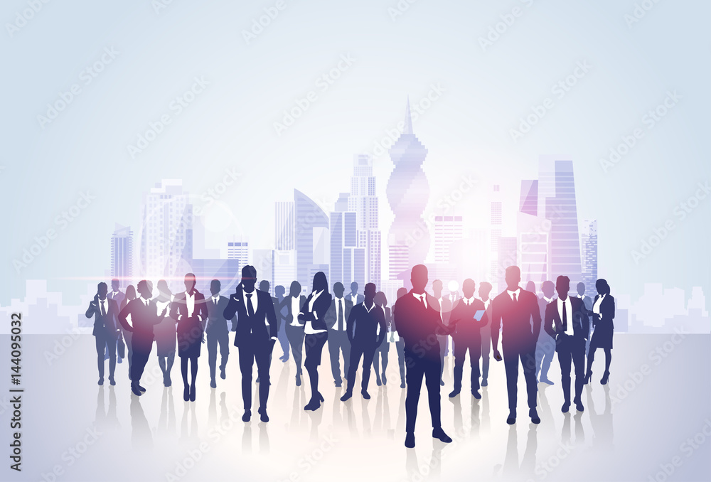 Business People Group Silhouettes Over City Landscape Modern Office Buildings Vector Illustration