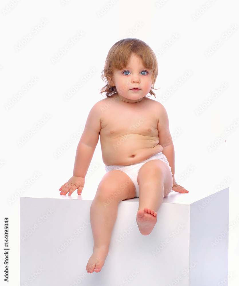Adorable baby in diaper sitting Adorable baby in diaper sitting