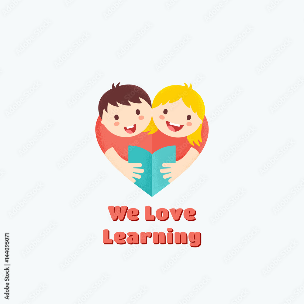 We Love Learning Abstract Vector Sign, Emblem or Logo Template. Boy and Girl Reading Book Illustration with Textures. Heart Shape Symbol. Learning or Education Concept. We Love Learning Abstract Vector Sign, Emblem or Logo Template. Boy and Girl Reading Book Illustration with Textures. Heart Shape Symbol. Learning or Education Concept.