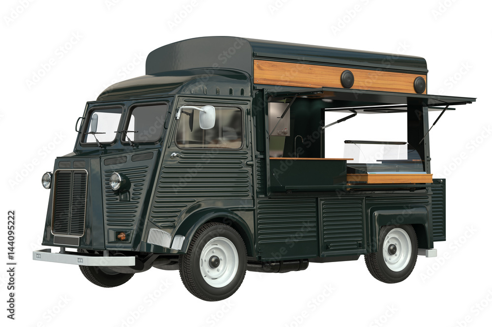 Food truck eatery cafe on wheels, dark green color. 3D rendering