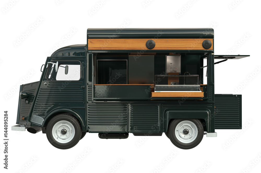 Food truck green eatery with open doors, side view. 3D rendering