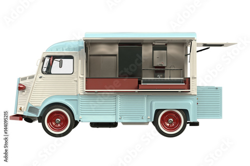 Food truck beige eatery with open doors, side view. 3D rendering