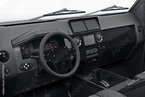 Car interior cabin steering, close view. 3D rendering © ARTYuSTUDIO