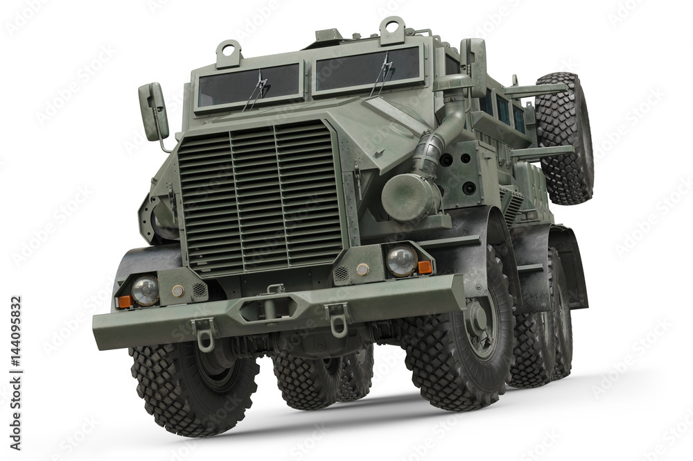 Truck military green armored army transport. 3D rendering