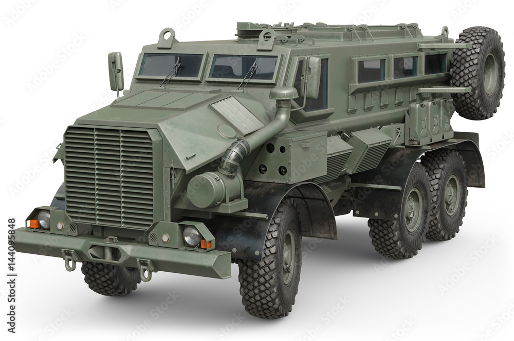 Truck army green vehicle armored machine. 3D rendering