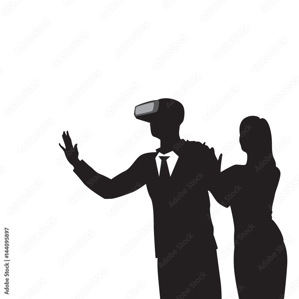 Silhouette Business Man Wear Virtual Reality Digital Glasses Vector Illustration