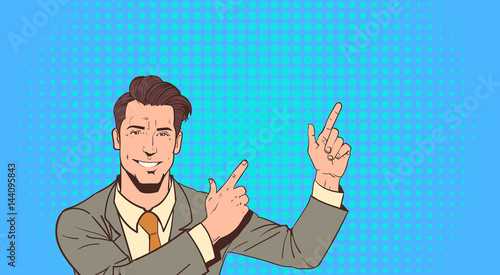 Business Man Point Finger To Copy Space Pop Art Colorful Retro Style Vector Illustration