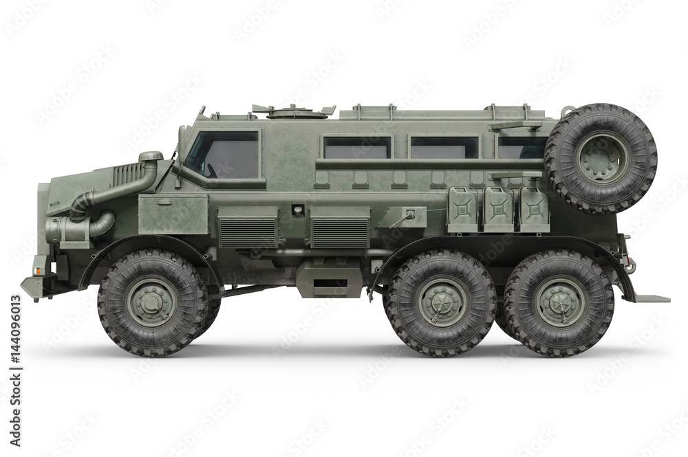 Truck military army defense armored car, side view. 3D rendering Truck military army defense armored car, side view. 3D rendering
