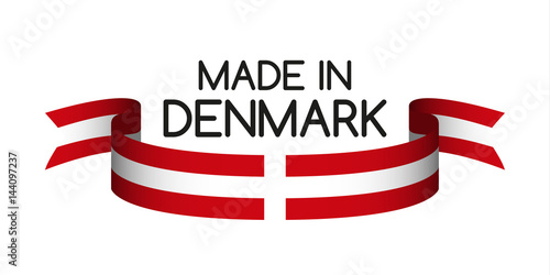 Colored ribbon with the Danish colors, Made in Denmark symbol, Danish flag isolated on white background, vector illustration