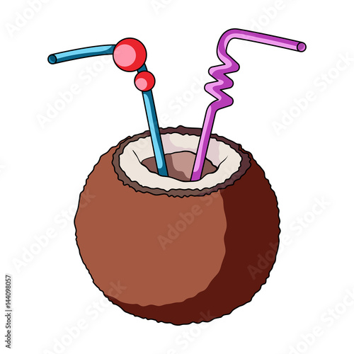 A cocktail in coconut with tubes.Summer rest single icon in cartoon style vector symbol stock illustration.