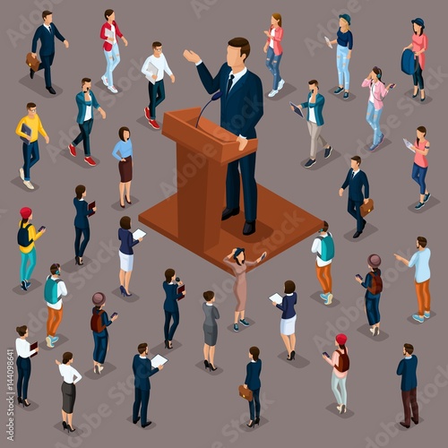 Trendy People Isometric vector 3D businessmen, teenagers, workers, meeting the president meeting with voters, trebune performance audience, press, questions photo
