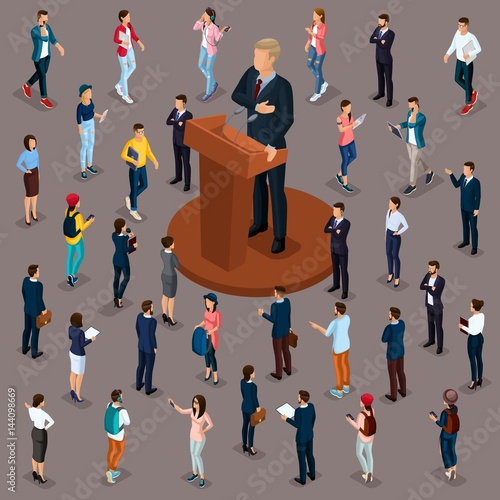 Trendy People Isometric vector 3D business, people, meeting, voting, presidential election, speech at trebune, isolated on a dark background