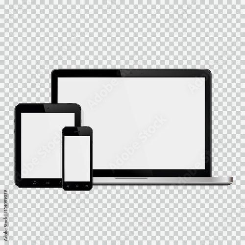 Laptop, smartphone and tablet mockup. Isolated on transparent background. Vector illustration.