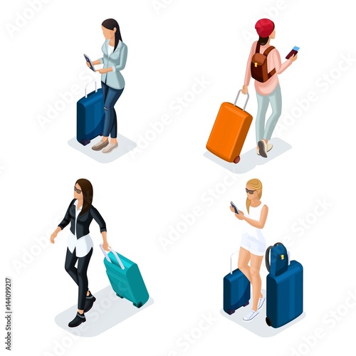 Trendy People Isometric vector 3D teenager, a young girl in a leather jacket, leather pants, stylish clothes, cool girl, traveler, vacation, airport, baggage, phone internet social networks