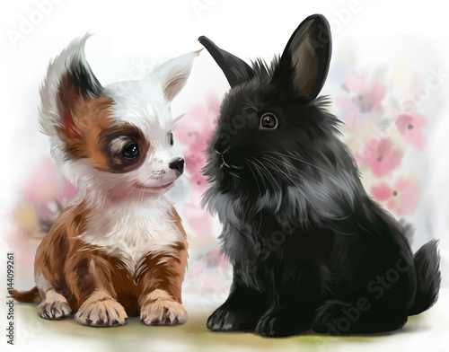 Obraz na płótnie Szczeniak Chihuahua i czarny królik