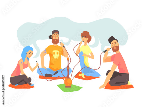 Young Cool People Smoking Hookah Sitting On The Floor Illustration With Smokers And Vapers