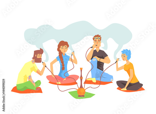 Young Cool Hipsters Smoking Hookah Sitting On The Floor Illustration With Smokers And Vapers