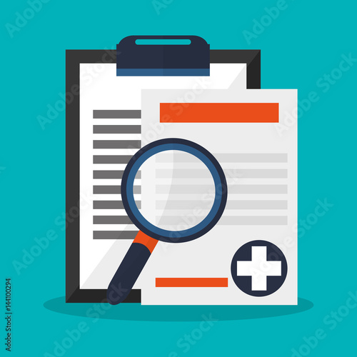 medical report table and medicine related icons over blue background. colorful design. vector illustration