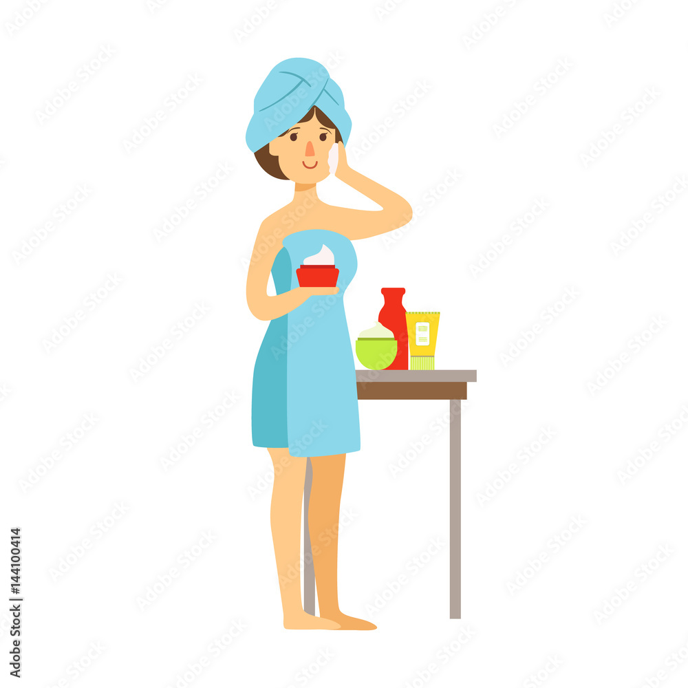Woman in bath towel is applying cream on her face and beauty and holding cream in her hand. Colorful cartoon character isolated on a white background Woman in bath towel is applying cream on her face and beauty and holding cream in her hand. Colorful cartoon character isolated on a white background
