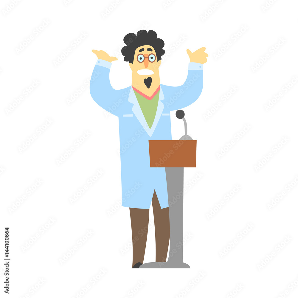 Scientist speaking from the rostrum with arms raised Scientist speaking from the rostrum with arms raised