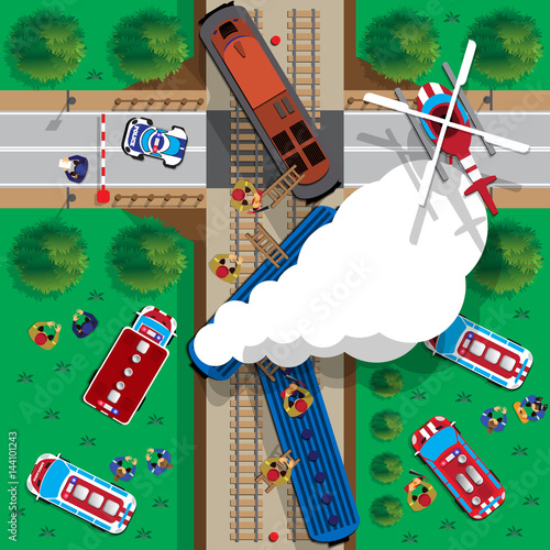Train wreck. View from above. Vector illustration.