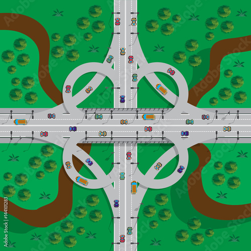 Road bridge. Road junction. View from above. Vector illustration. 