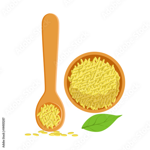 Sesame seeds in a wooden bowl and spoon, herbs and spices selection. Colorful cartoon illustration