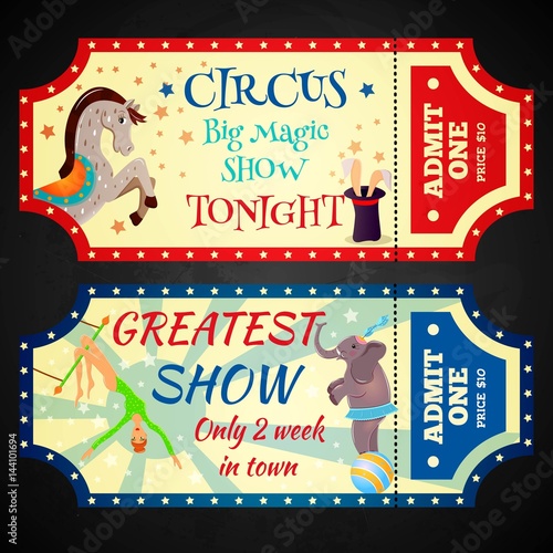 Circus retro tickets with animals acrobats magic hat isolated illustration