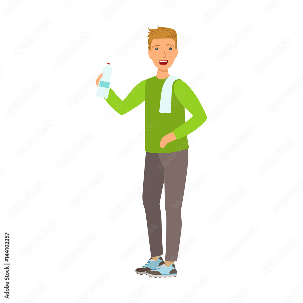 Young man holding bottle of water dressed in sportswear, with a towel on his shoulder. Colorful cartoon character Young man holding bottle of water dressed in sportswear, with a towel on his shoulder. Colorful cartoon character