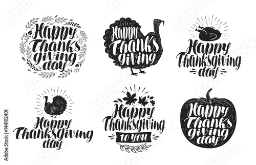 Happy Thanksgiving, label set. Holiday icons or symbols. Lettering, vector illustration